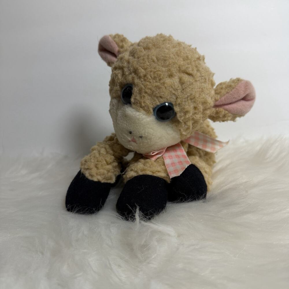 Tyco Baby Baby Farm Babies Lamb Plush Beige Sheep Pink Bow Squeaker 1995 VTG